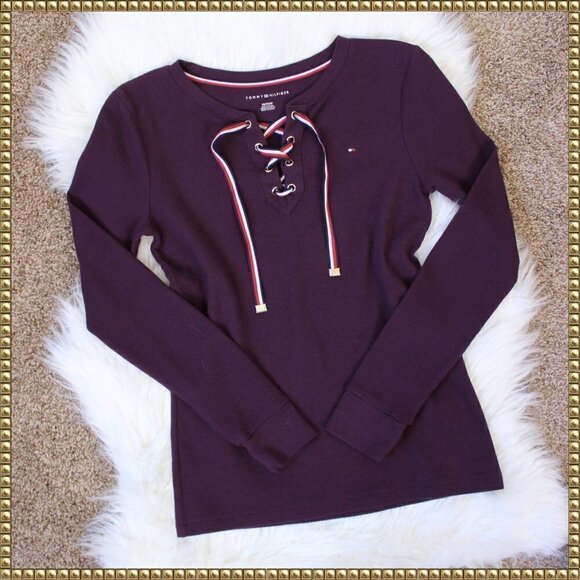 Tommy Hilfiger Purple Waffle Lace Up Henley Extra Small - Picture 1 of 11